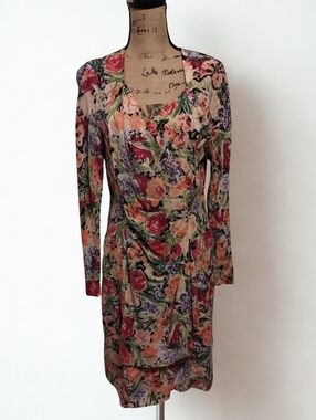 Vintage 80s Silk Floral Dress Pat Argenti Women's Size 10